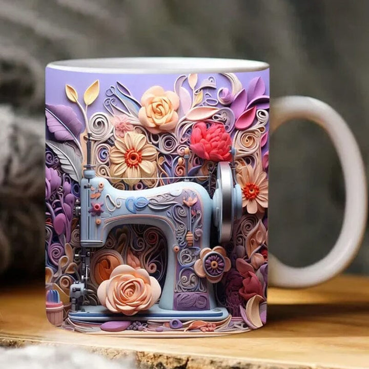Novelty 3D sewing themed coffee mug, capturing the artistic and functional appeal for craft lovers.