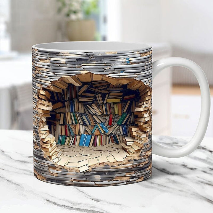 Novelty 3D sewing ceramic mug in natural light, emphasizing the unique texture and craft appeal.