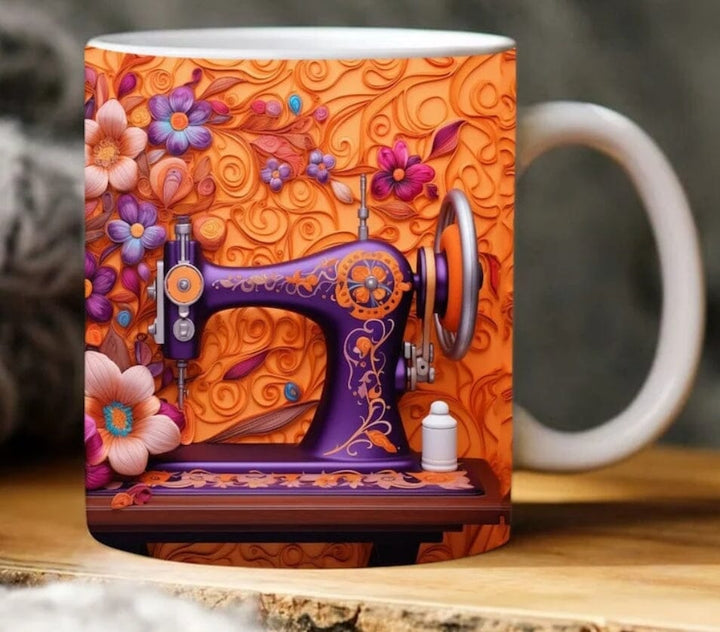 Isolated shot of a novelty 3D sewing ceramic coffee mug with a plain background, focus on product.