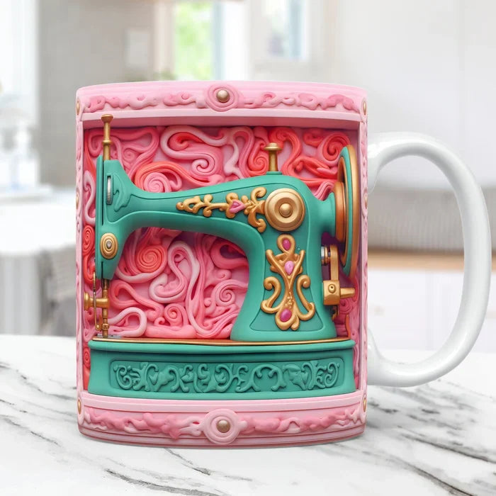 Overhead shot of a unique 3D sewing themed ceramic mug, highlighting the intricate top details.