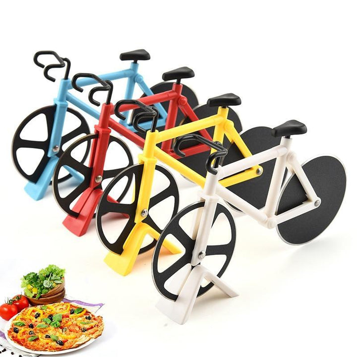 Compact red bicycle pizza slicer, excellent for gifting, dual stainless steel blades for quick pizza cuts
