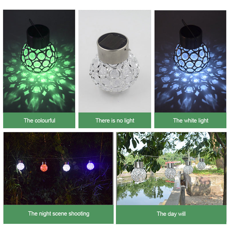 Outdoor solar hanging lantern glowing brightly, highlighting its energy-efficient LED lighting.