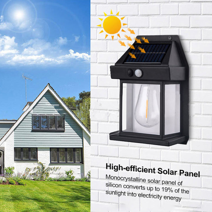 Energy efficient garden wall lamp, solar powered with motion detection