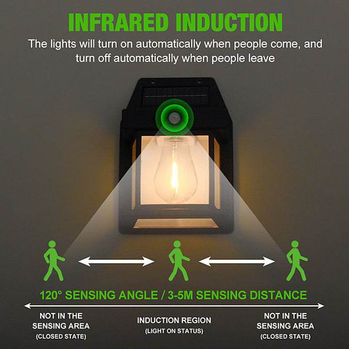 Solar LED wall light illuminating a pathway, motion sensor activated