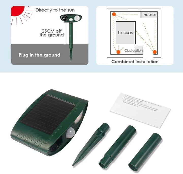 Green garden with an active solar ultrasonic deer repeller preventing animal damage.