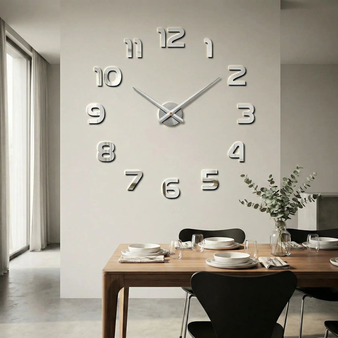 Modern home decor: silent oversized wall clock, clean minimalist design.