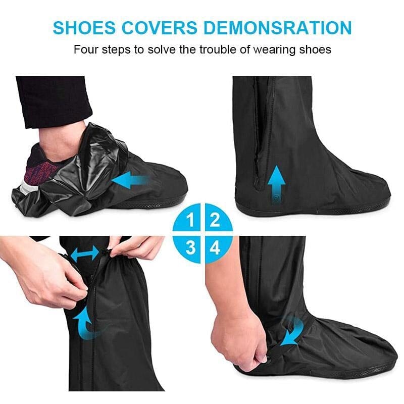 Silicone waterproof shoe covers in various colors: yellow, black, and clear, for boot protection
