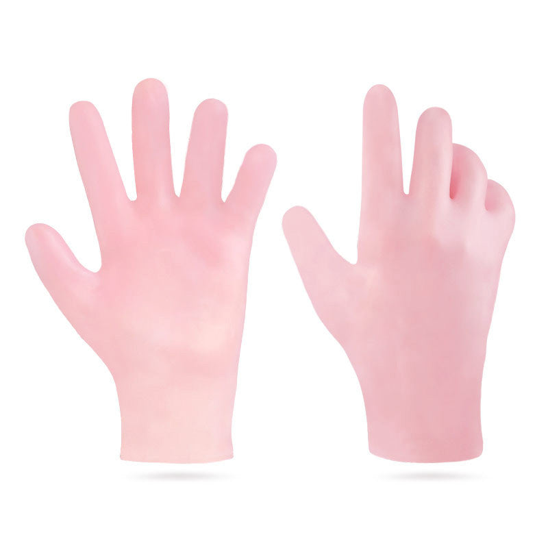 Packaging showcasing moisturizing gel gloves, promoting relief for dry, cracked hands.