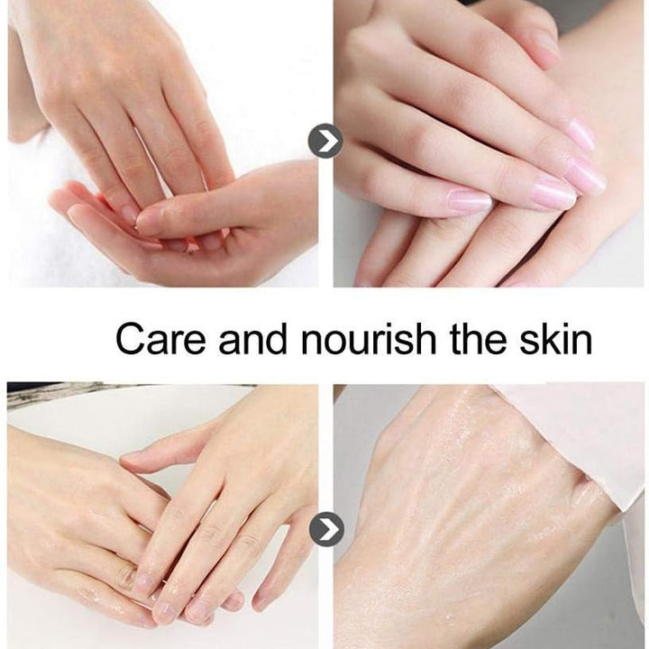 Stack of folded moisturizing gel gloves in various colors: pink, blue, and white.