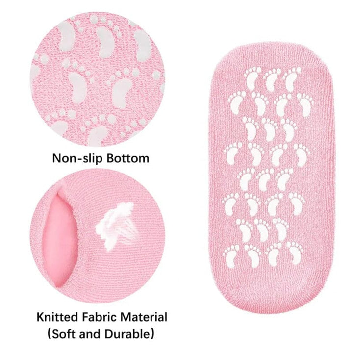 Image of multiple pairs of gel socks, stacked, emphasizing their use as pedicure supplies and for foot hydration.