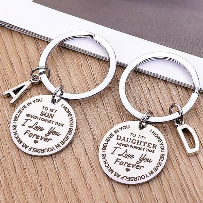 Personalized initial letter keychain in stainless steel, a perfect gift for son or daughter.