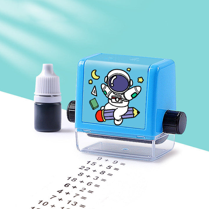 Child enjoying math learning with a blue digital teaching roller stamp, an educational toy