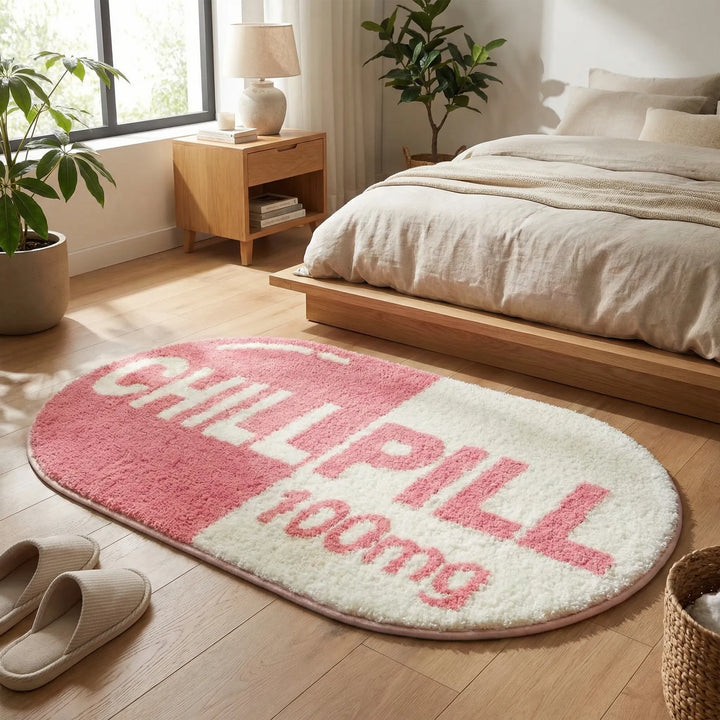 Playful pill-shaped area rug with wave pattern. A modern, soft accent for any indoor space.