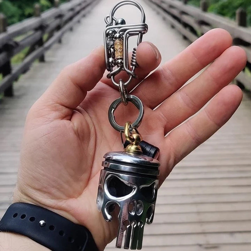 Stylized Piston Art Skull Keychain, metal, handmade, statement accessory for keys.