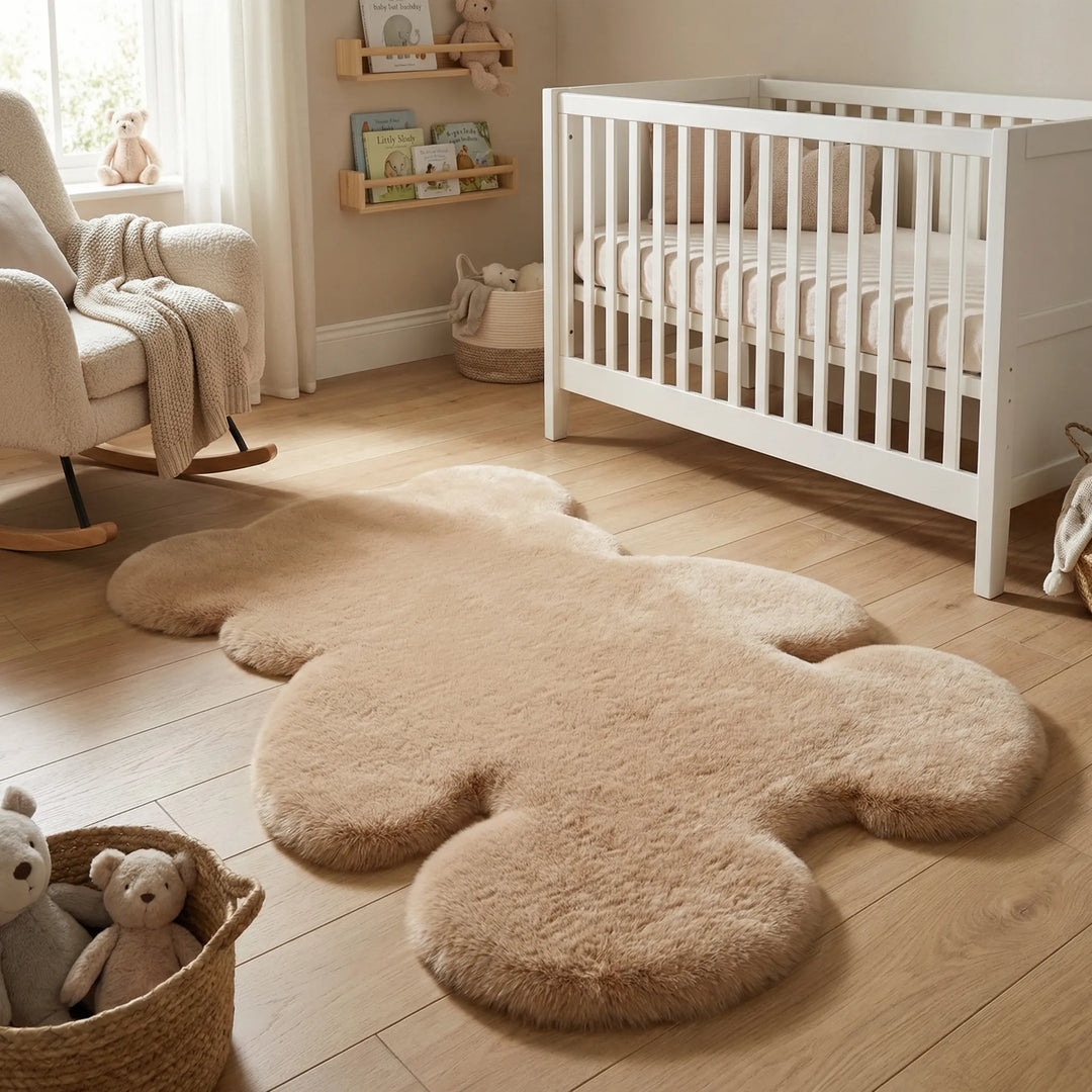 Playful beige plush teddy bear rug. Soft area mat for kids' room, perfect for nursery and play.