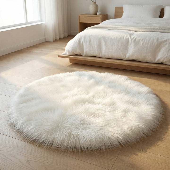 Cozy round bedroom rug with a plush feel, enhancing your home's comfortable aesthetic.