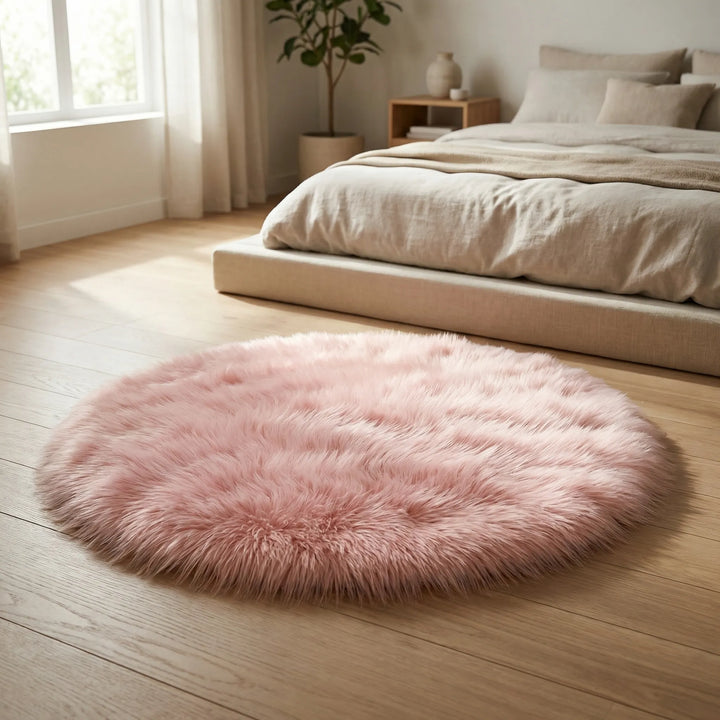 Round plush bedroom rug with Flowique wave design, perfect for a cozy and stylish retreat.