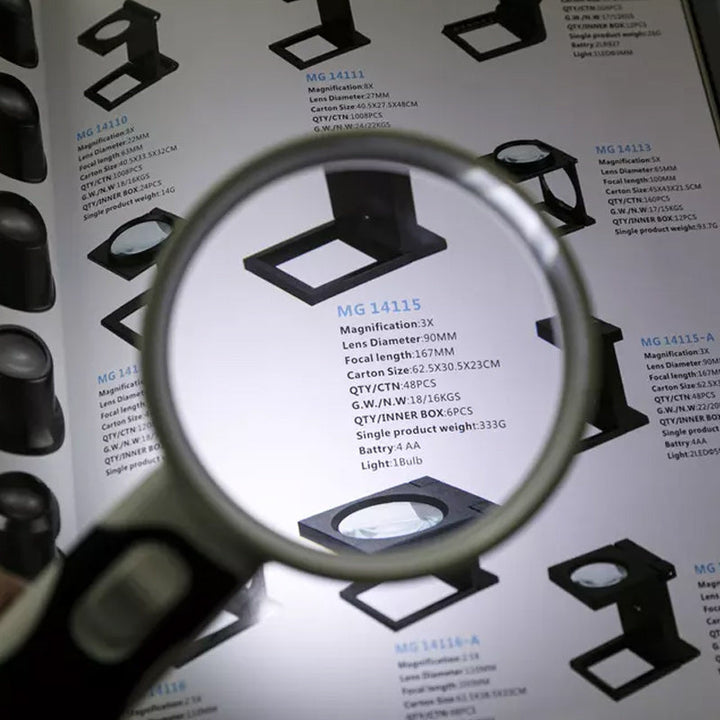 Handheld 20x magnifier with LED light, excellent for inspecting small prints and intricate details.