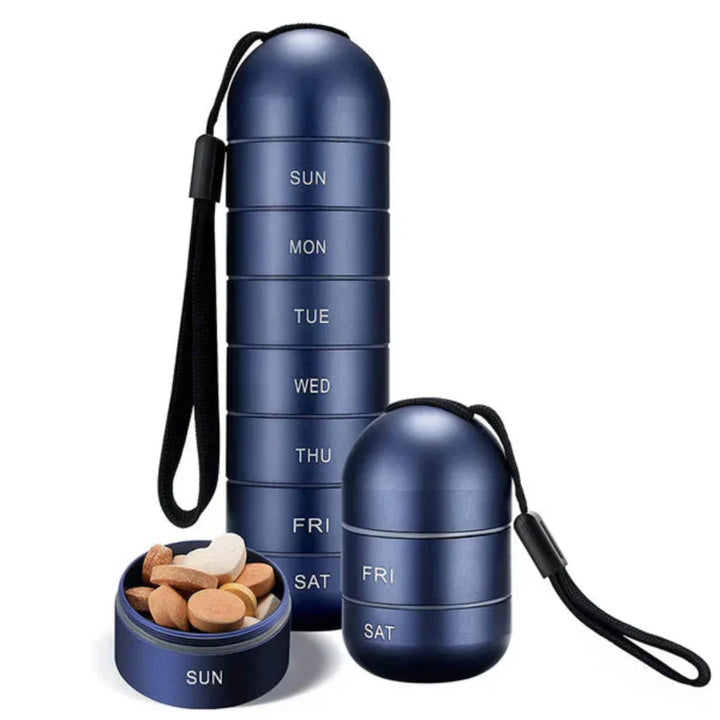 Portable aluminum 7-day pill organizer for daily meds. Waterproof weekly medicine box for travel & supplements.