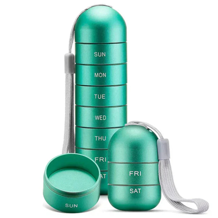 Unisex 7-day aluminum pill organizer for daily meds & supplements. Portable weekly medication box, easy to use.