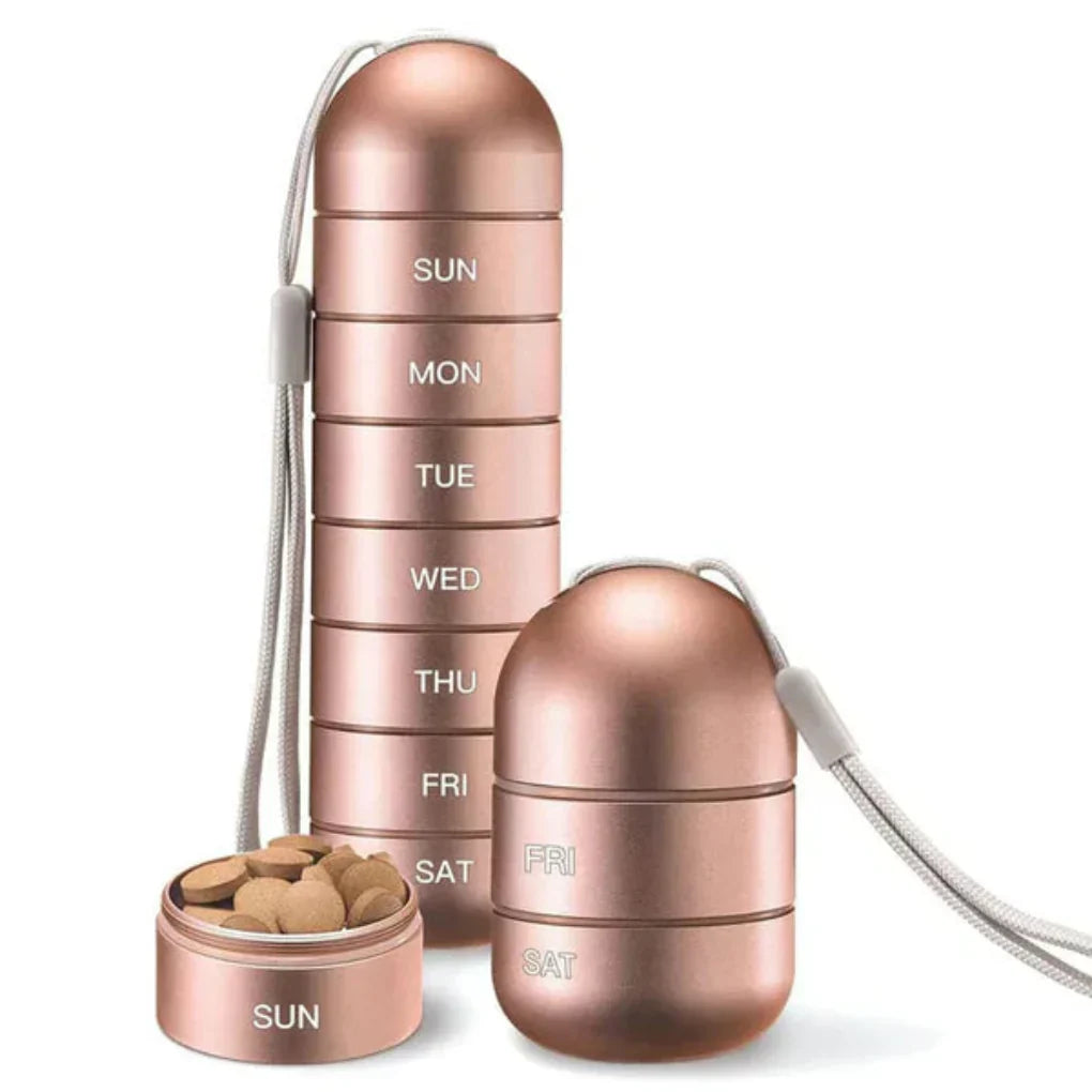 Compact 7-day aluminum pill organizer. Portable weekly medicine storage for daily supplements & medication.