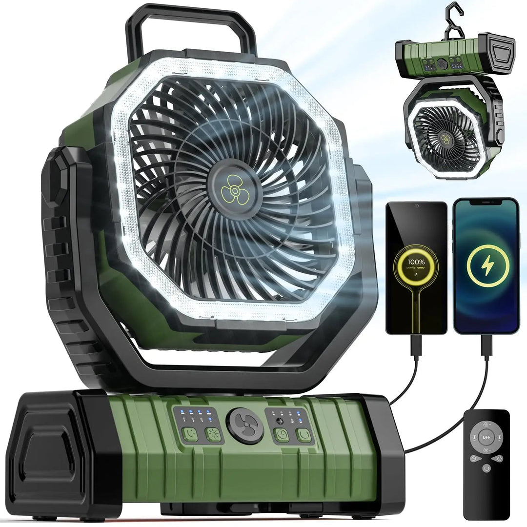 Durable outdoor fan with integrated light and power bank, designed for rugged camping & travel.