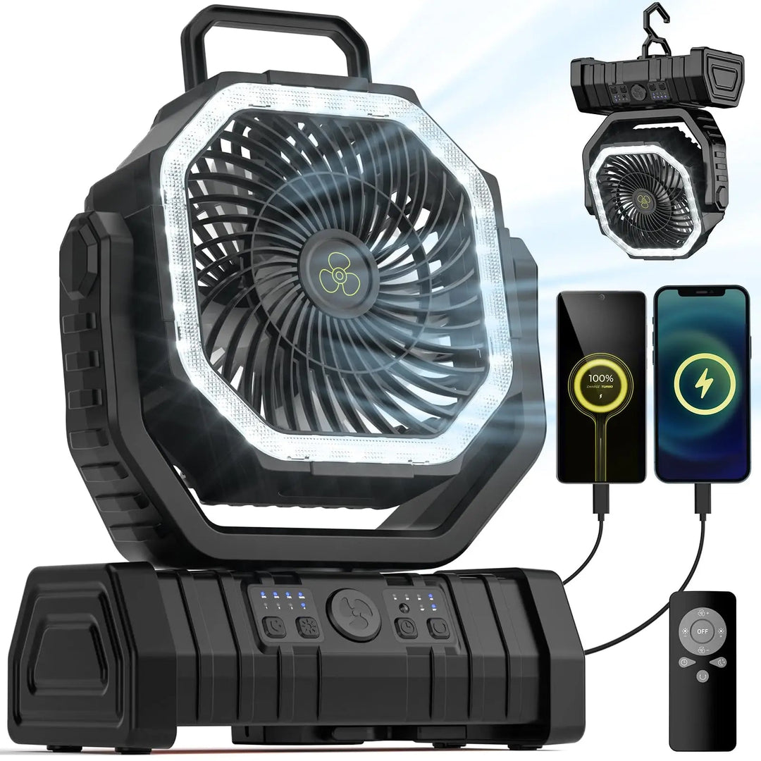 USB travel fan & 20000mAh power bank, ideal for charging devices and staying cool outdoors.