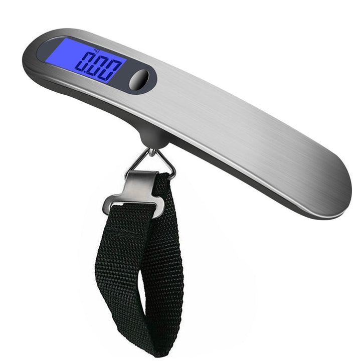 Overview of the portable digital scale, highlighting its buttons for changing units and power, 50kg capacity