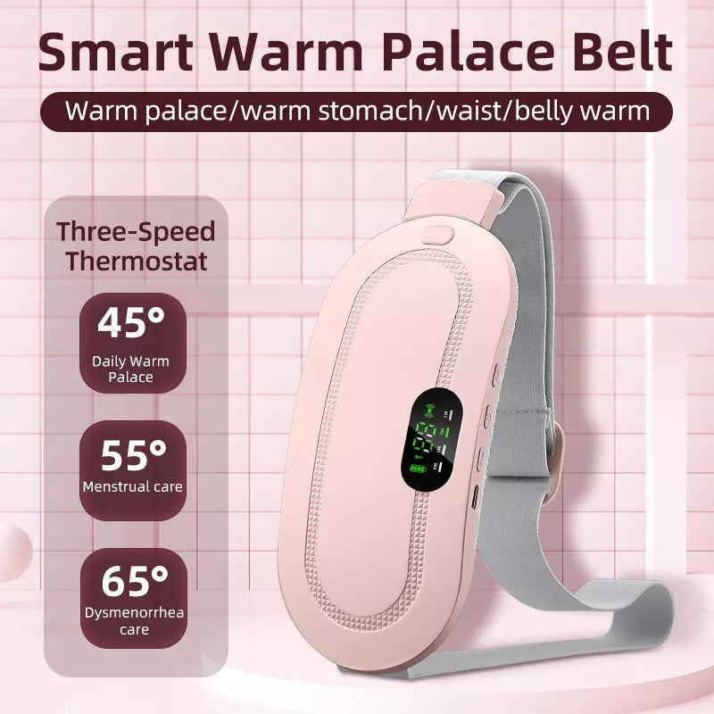 Portable menstrual heating pad with massage for cramp relief, pink, shown in use on abdomen