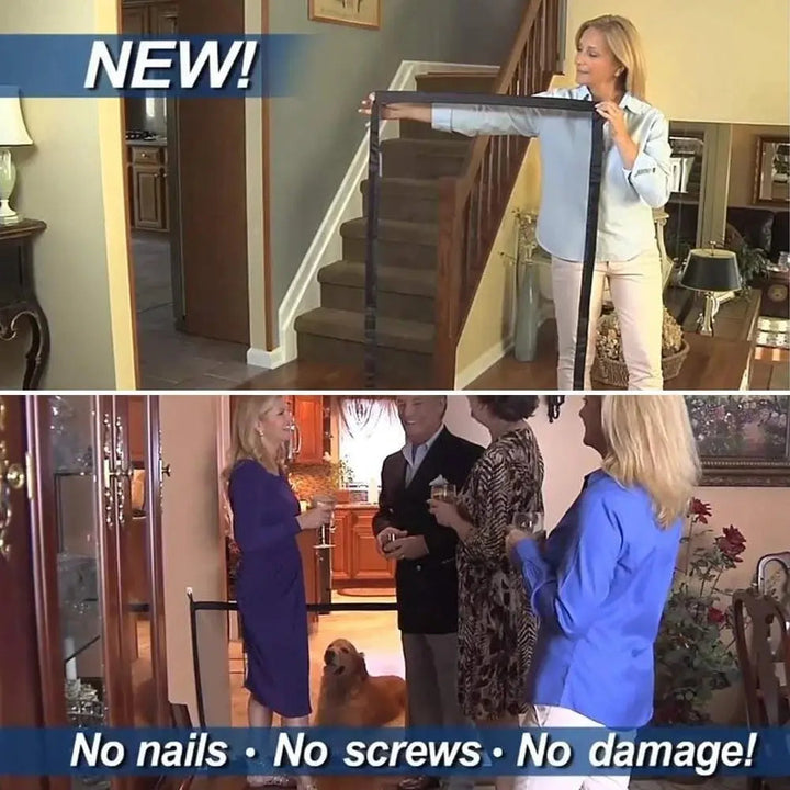 White pet safety gate, a stylish & flexible dog barrier for home safety, blending with decor seamlessly.