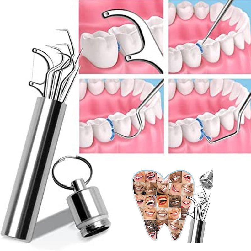 Ergonomic portable toothpick set, crafted from polished stainless steel for comfortable oral care.