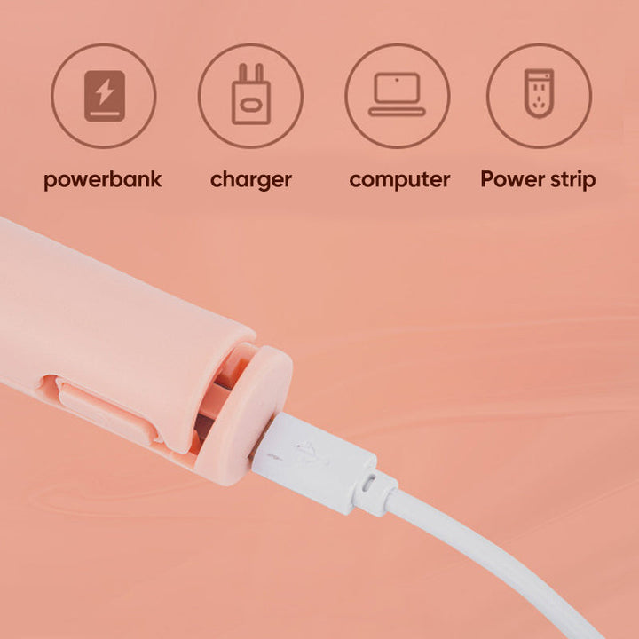USB-rechargeable hair tool, a versatile mini iron for straightening or curling, displayed with its power port.