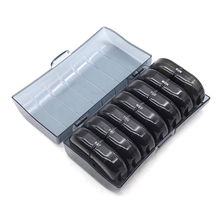 Robust travel pill organizer, keeping medication sorted and accessible throughout the week.