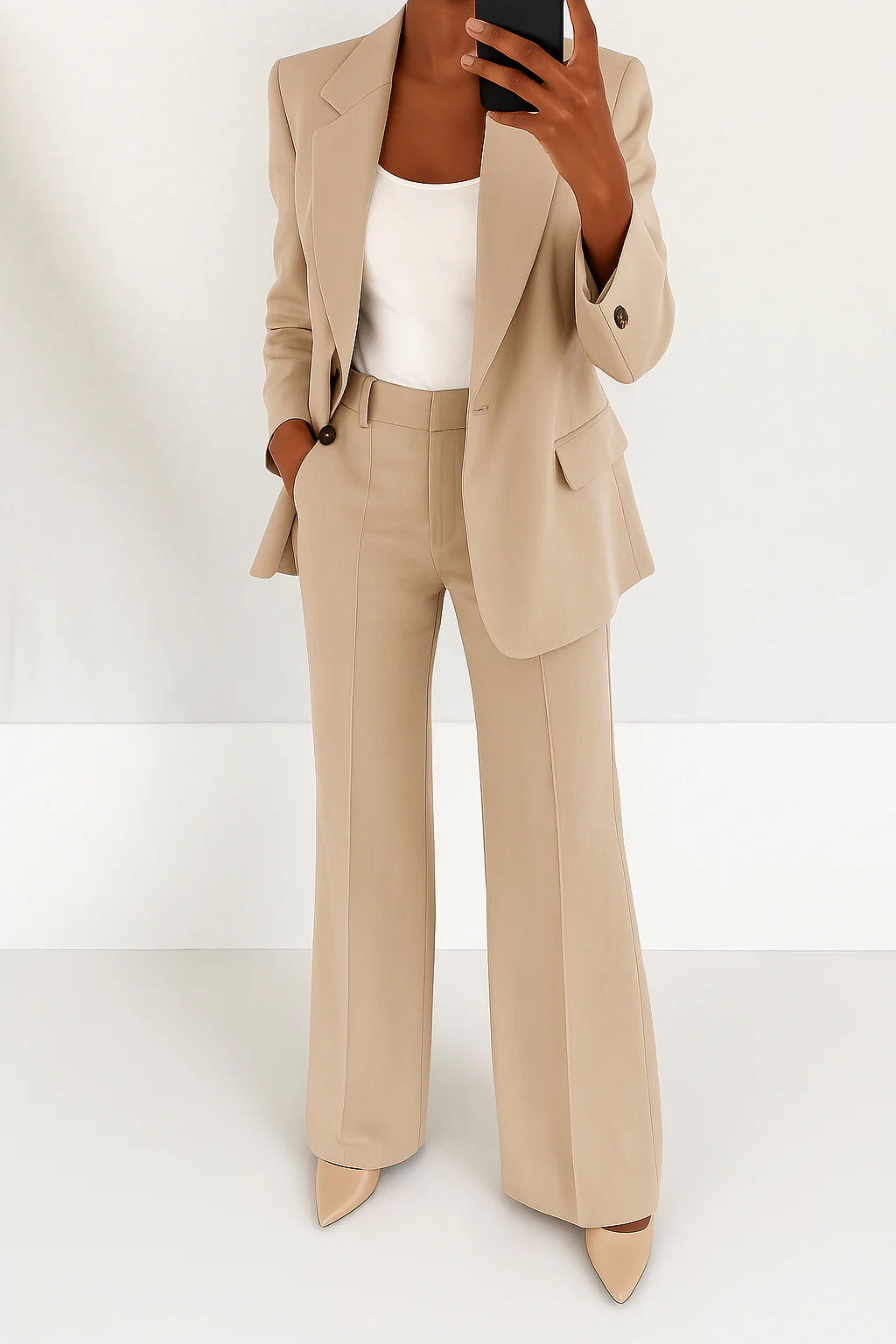 Stylish women's two-piece formal suit featuring a modern blazer and elegant trousers for business.