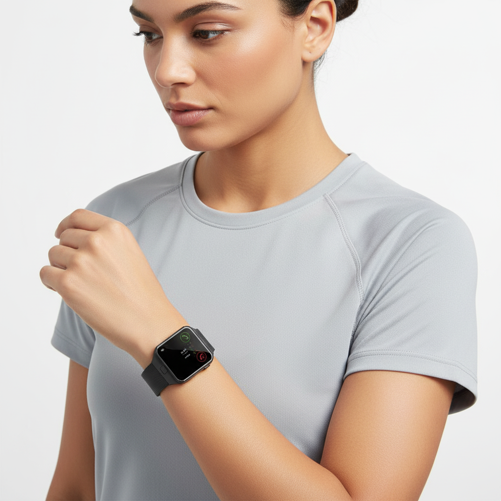 Stylish Pulseon tech accessory: a modern unisex smartwatch featuring a vibrant rectangular digital display.