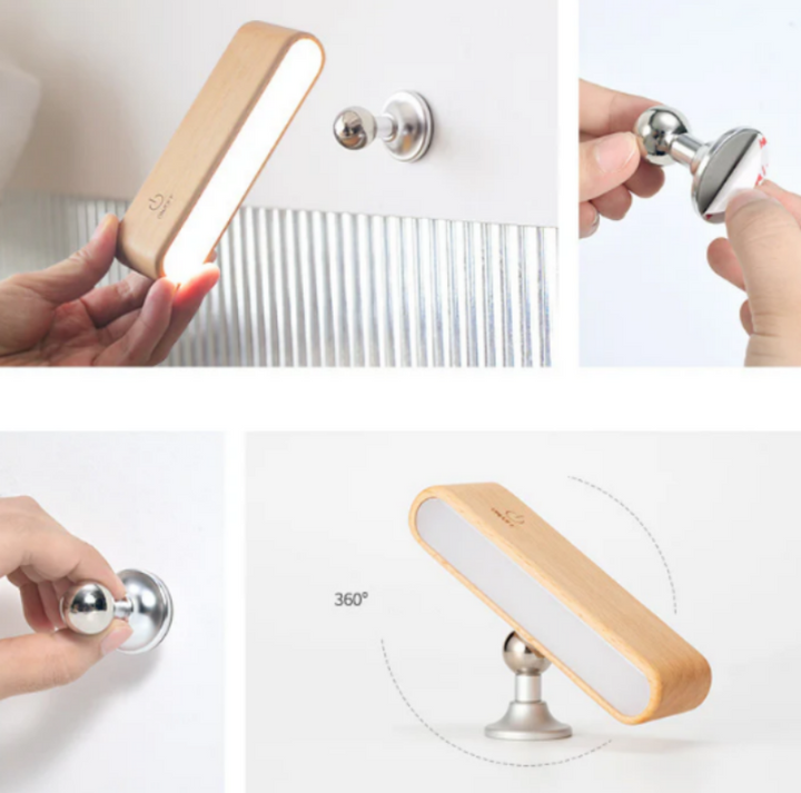 Rechargeable 360° rotatable LED wooden wall light, sleek design, wooden finish, ergonomic for modern interiors, ambient light