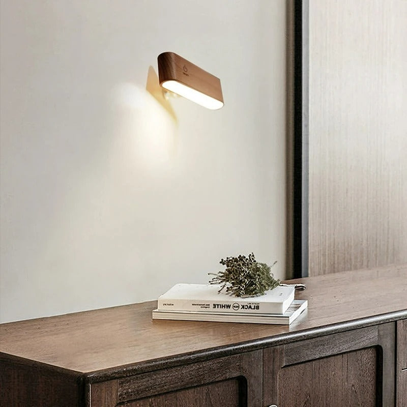 Rechargeable 360° rotatable LED wooden wall light, sleek design, wooden finish, ergonomic for modern interiors, ambient light