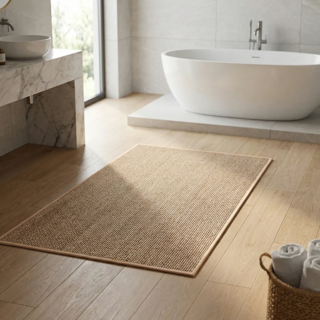 Beige/gray rectangular bath mat with wave design. Soft, absorbent, and non-slip for a safe & stylish bathroom.