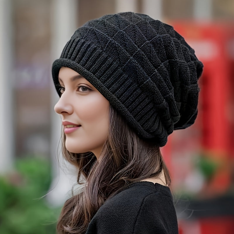 Women's everyday red knitted beanie, lightweight & elastic, a spring/fall wardrobe staple.