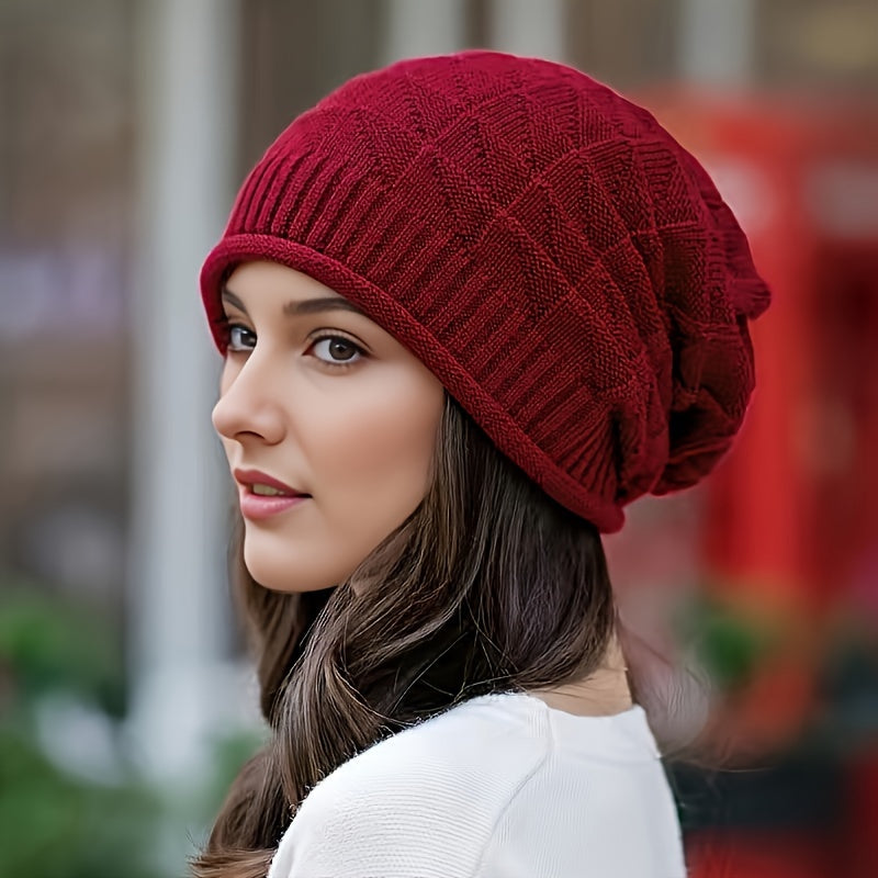 Soft and lightweight women's knitted beanie, red, acrylic stretch fit for spring and fall.