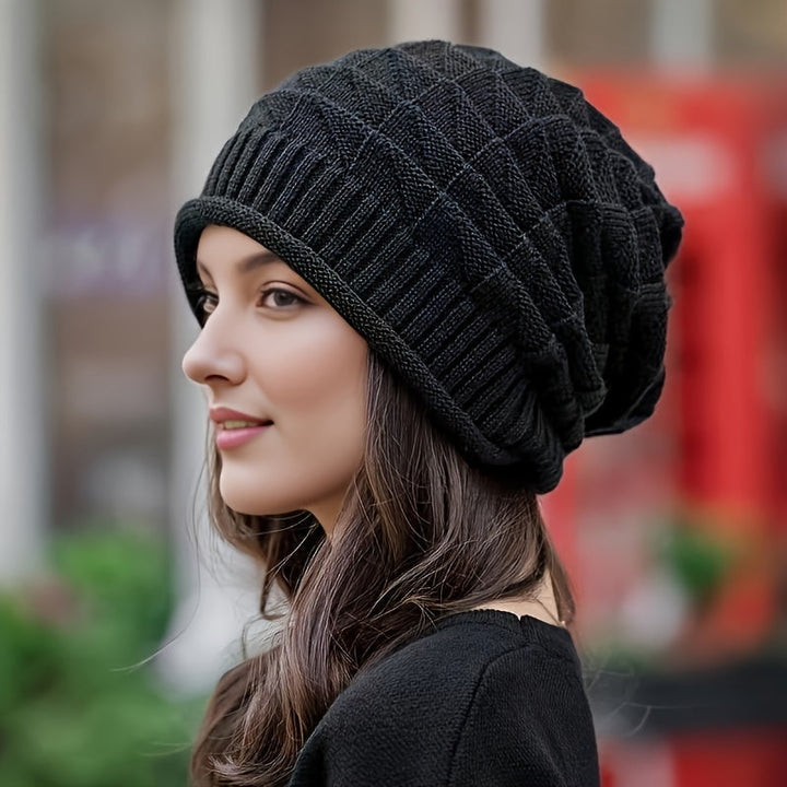 Comfortable women's spring/fall knitted beanie, lightweight acrylic stretch fit.