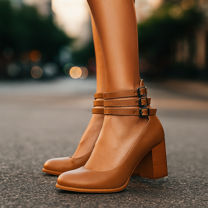 Brown women's triple strap block heel pumps, perfect casual or evening shoes for women