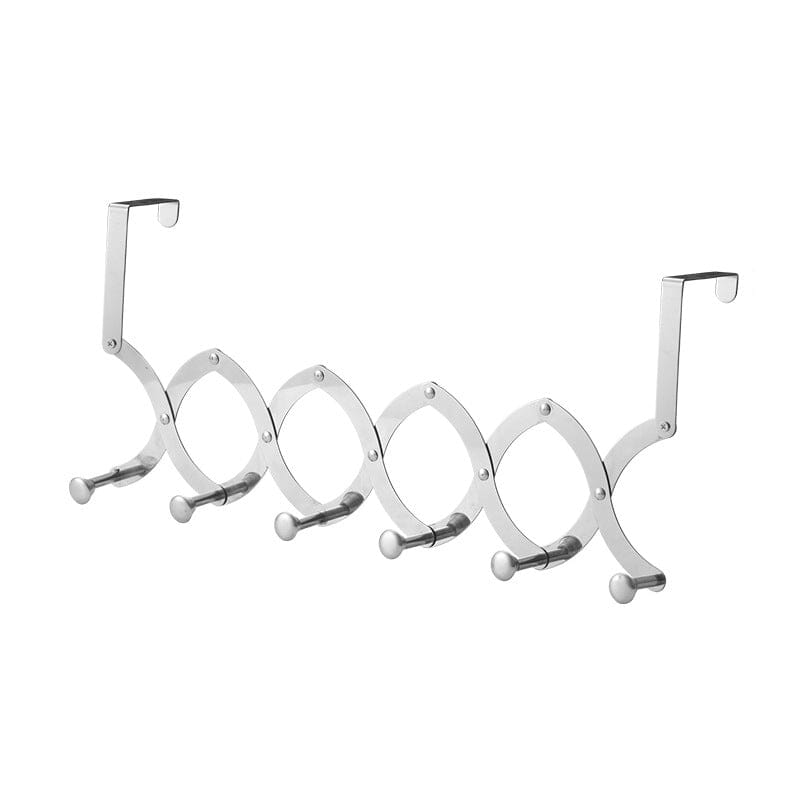 Retractable metal coat rack from a side angle, demonstrating its slim profile & door fit