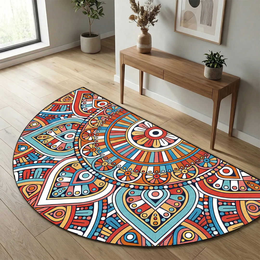 Flowique round mandala area rug, non-slip & washable. Perfect tranquil home decor statement.