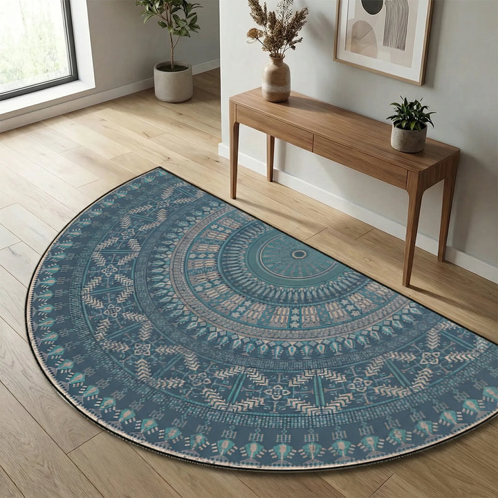 Captivating round mandala area rug with Flowique wave pattern, ideal for tranquil floor decor.