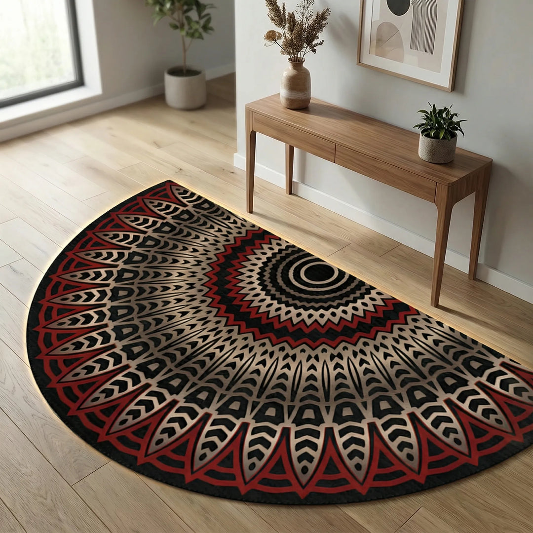 Statement round mandala area rug with soothing waves, enhancing tranquil home decor.