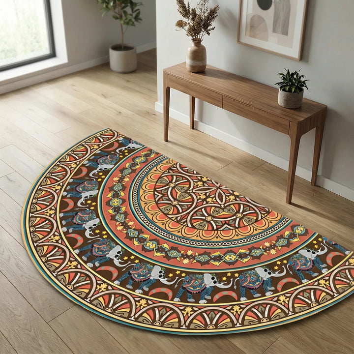 Round mandala area rug, Flowique design, non-slip, washable, indoor outdoor tranquil home decor.