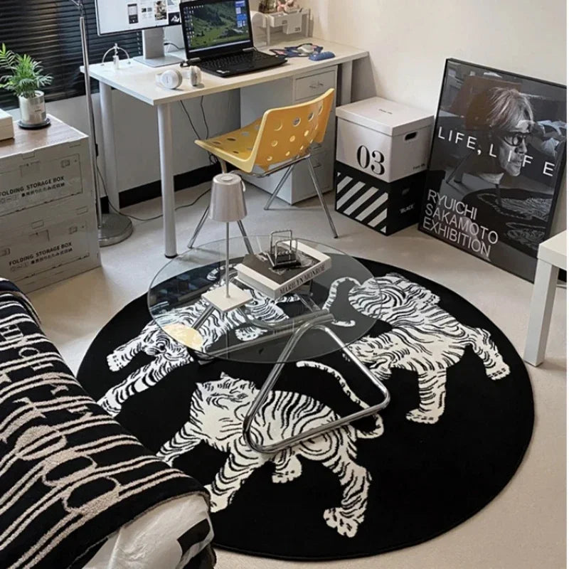 Flowique round plush tiger print area rug with unique wavy pattern. Luxurious, water-resistant home decor rug.
