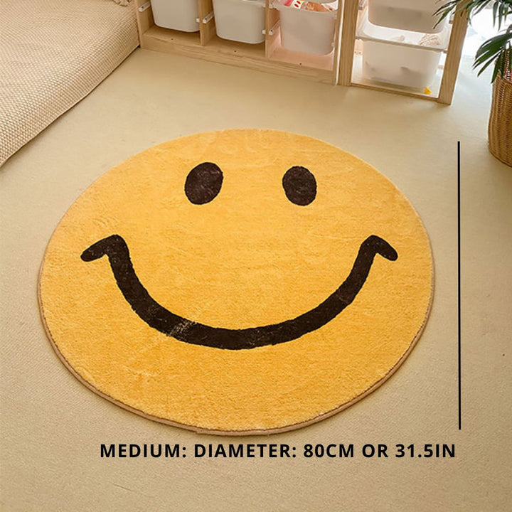 Statement round smile face area rug in yellow with waves, a unique home decor piece.