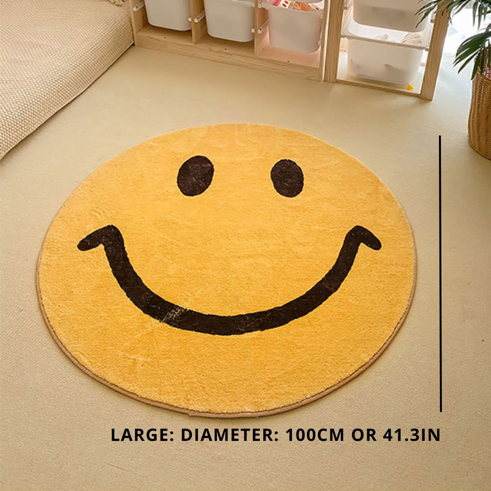 Plush round yellow smile face area rug with flowy wave details for modern home decor.